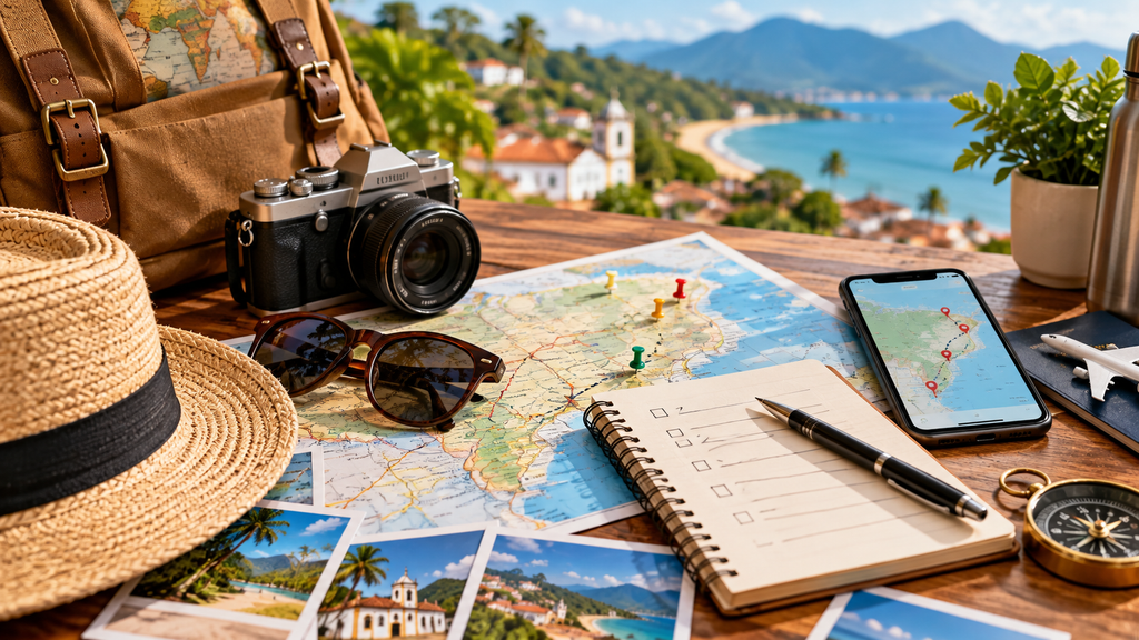 Planejamento de itinerário de viagem com mapa, celular, câmera e acessórios de viagem